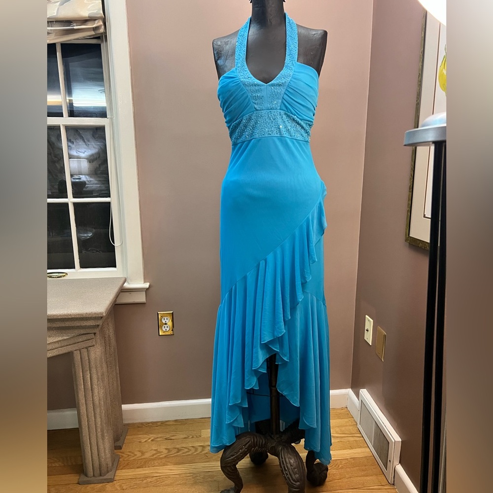 Y2K Beaded Halter Aqua Asymmetrical Ruffle Slit Prom Dress Size Small